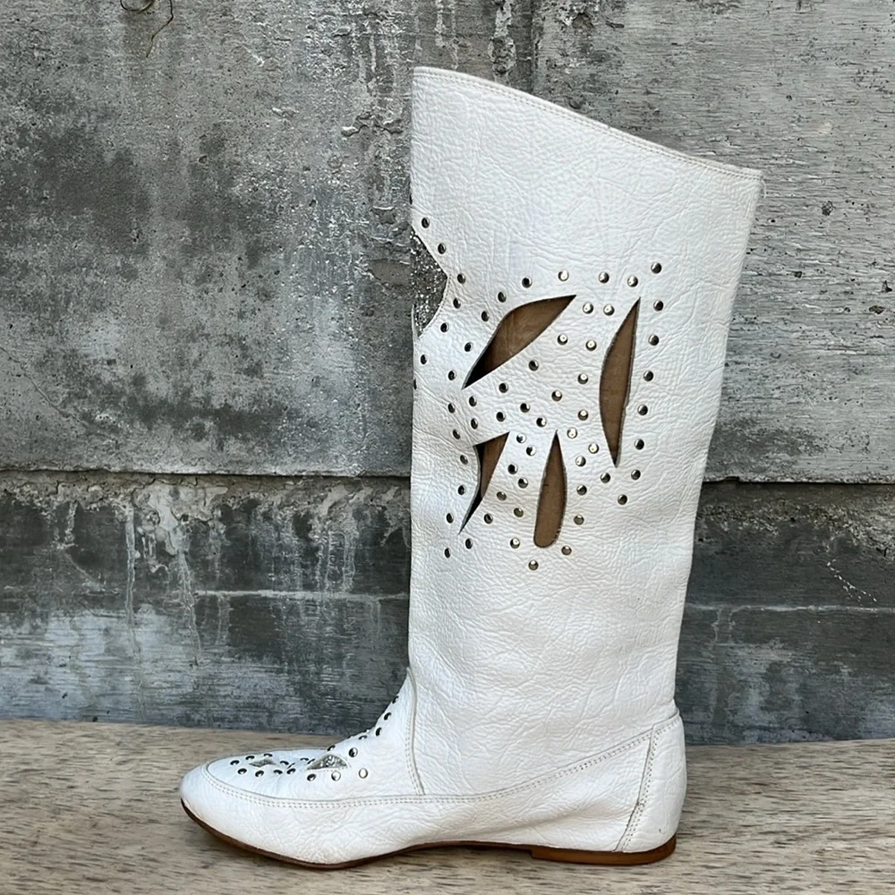 White Over-the-Knee Cutout & Stud Leather Boots — Women's